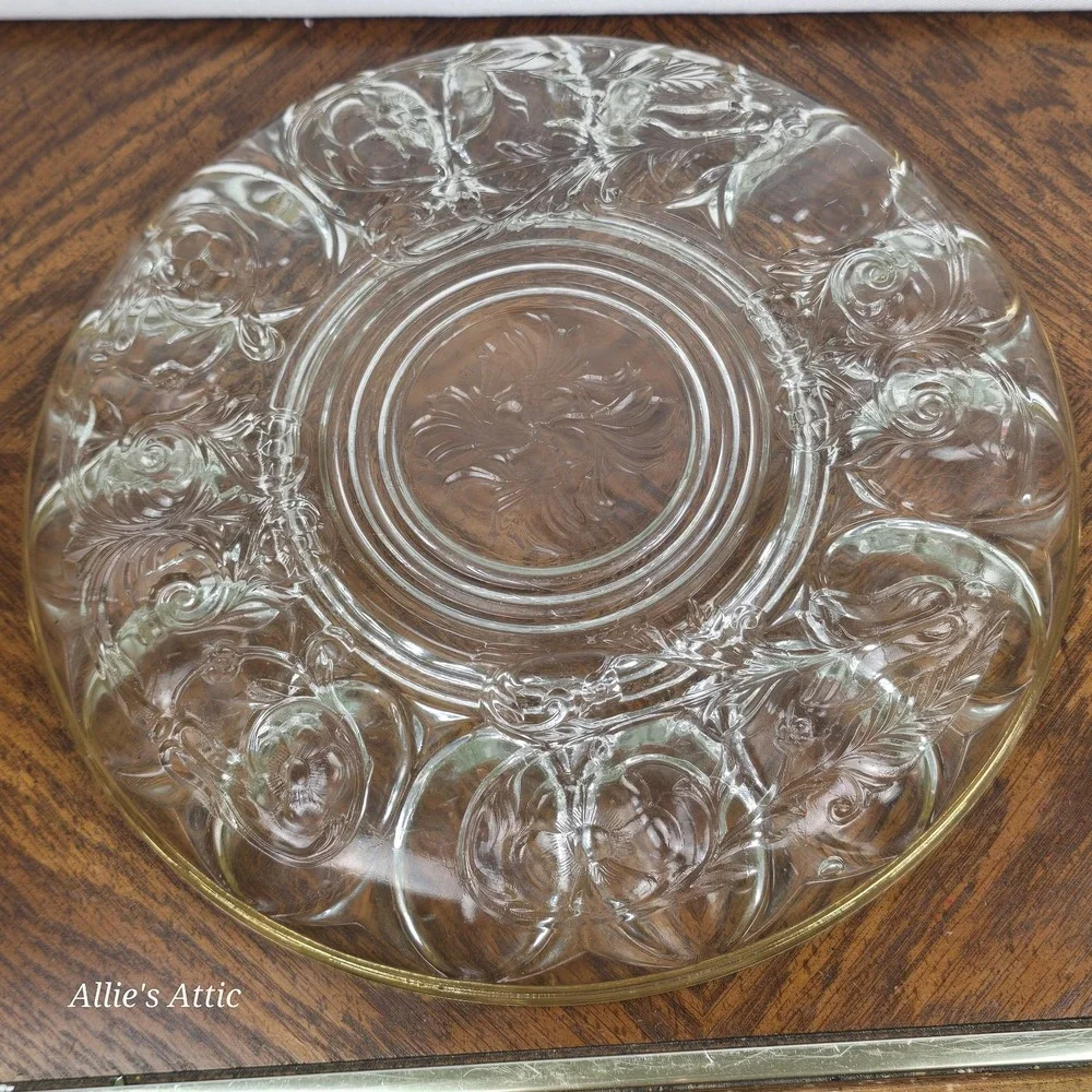 Vintage Deviled Egg Plate Dish Etched Glass Gold Floral Serving Tray 1970s 11